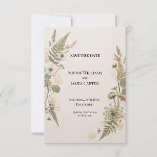 Pressed White Wildflower Fern Wedding Save The Date