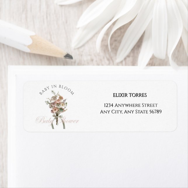 Pressed Wildflower Baby in Bloom Boho Baby Shower Label (Insitu)