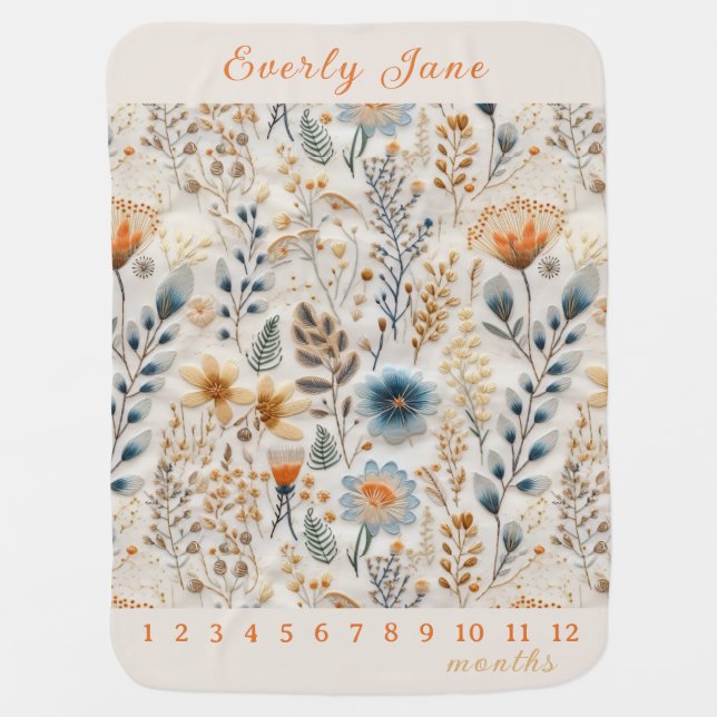 Pressed Wildflower Boho Botanical Milestone Baby Blanket (Front)