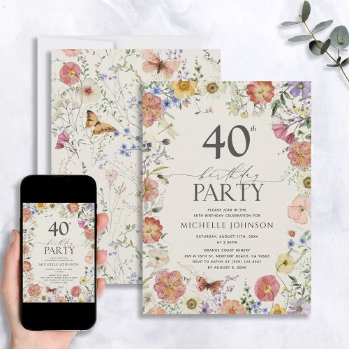 Pressed Wildflower Floral Frame 40th Birthday Invitation