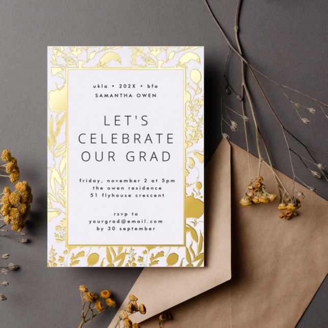 Pressed WildFlower Leaf Graduation Party Gold Foil Invitation (Creator Uploaded)