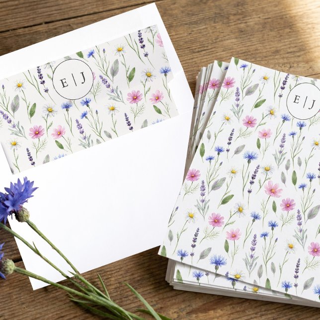 Pressed Wildflower Spring Floral Monogram Envelope Liner (Monogrammed envelope liners - Pressed Spring Meadow Wildflower Wedding Collection by Darling & May)