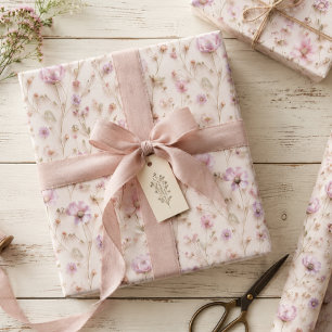 Pressed Wildflowers in Pastel Pink with 3D Effect Wrapping Paper Sheets