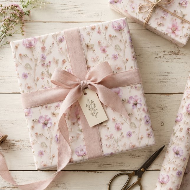 Pressed Wildflowers in Pastel Pink with 3D Effect Wrapping Paper Sheets (Creator Uploaded)