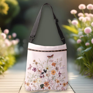 Pressed Wildflowers Pink Cottagecore Monogram  Crossbody Bag