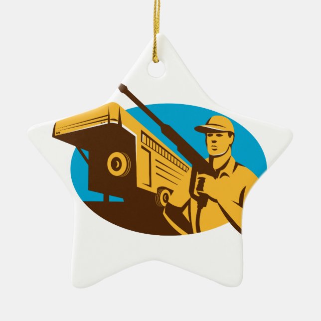 Pressure Washer Cleaner Worker Trailer Retro Ceramic Ornament (Front)