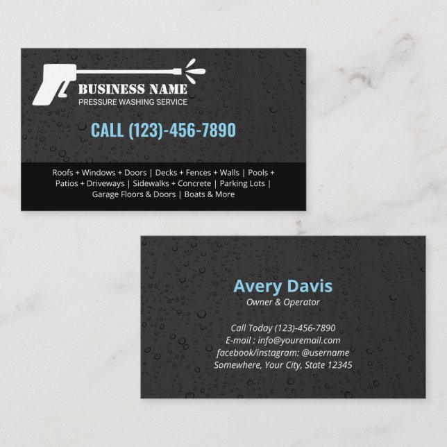 Pressure Washing Power Wash Water Drops Black Blue Business Card (Front/Back)