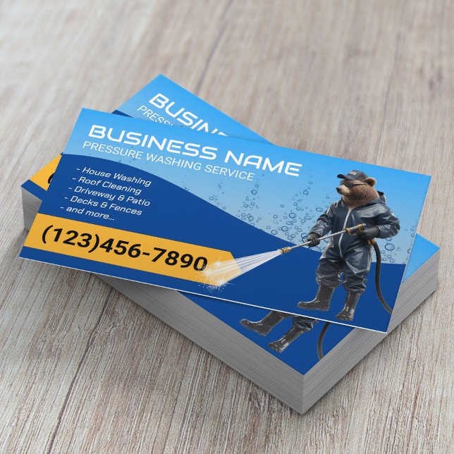 Pressure Washing Power Washer Bear Blue Cleaning Business Card (Creator Uploaded)