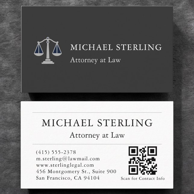 Prestige Attorney QR Code Elegant Black Silver Business Card (Creator Uploaded)