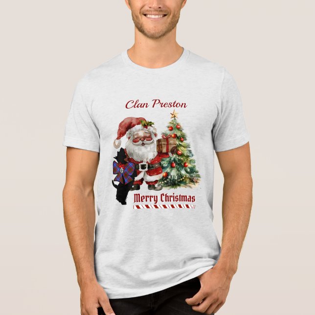 Preston Scottie Dog Xmas Personalized T-Shirt Tri-Blend Shirt (Front)