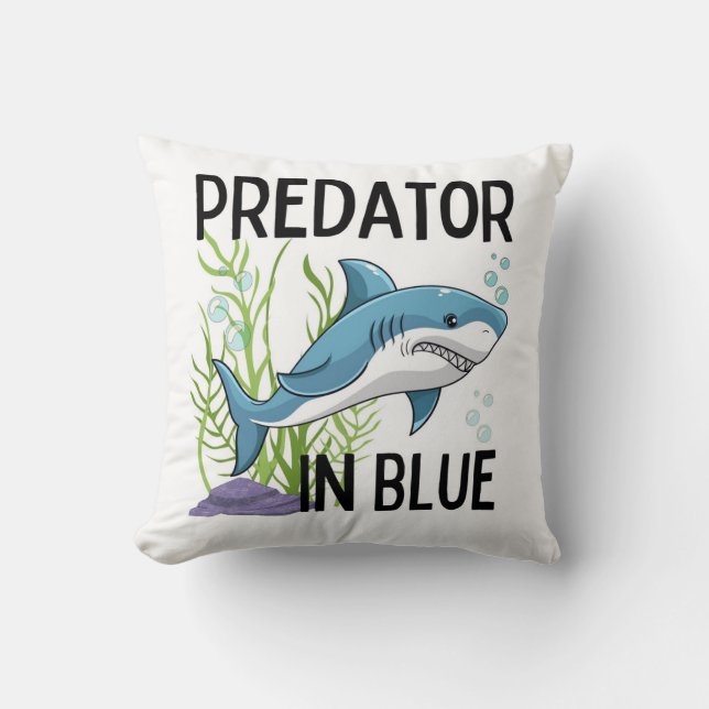 pretator in blue , shark, cartoon style throw pillow (Front)