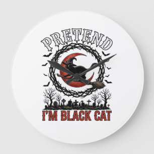 Pretend Black Cat Halloween Witch Hat Red Moon_1 Large Clock