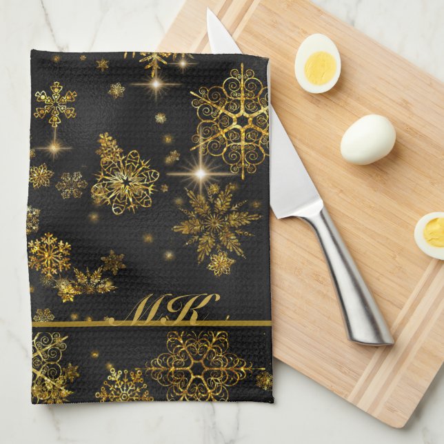 Prettiest Snowflakes Pattern Black/Gold ID846  Kitchen Towel (Quarter Fold)