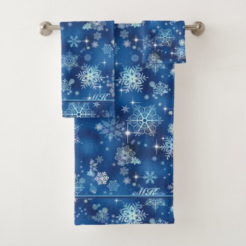 Prettiest Snowflakes Pattern Blue ID846 Bath Towel Set