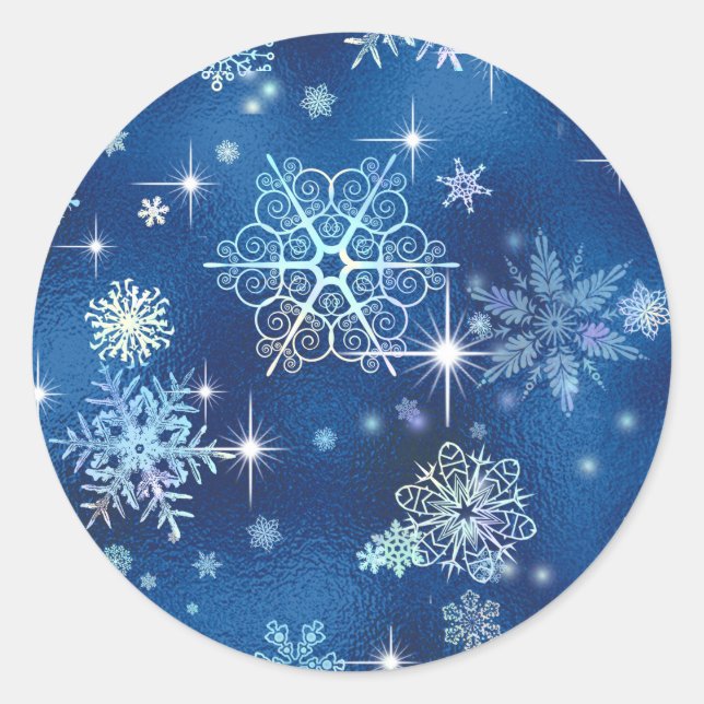Prettiest Snowflakes Pattern Blue ID846 Classic Round Sticker (Front)