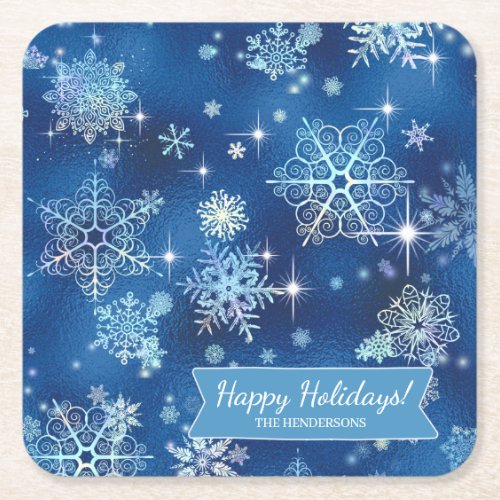 Prettiest Snowflakes Pattern Blue ID846 Square Paper Coaster