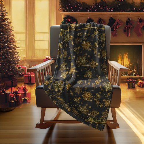 Prettiest Snowflakes Pattern GoldBlack ID846 Fleece Blanket