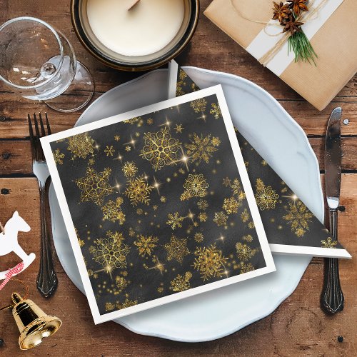 Prettiest Snowflakes Pattern GoldBlack ID846 Paper Dinner Napkins