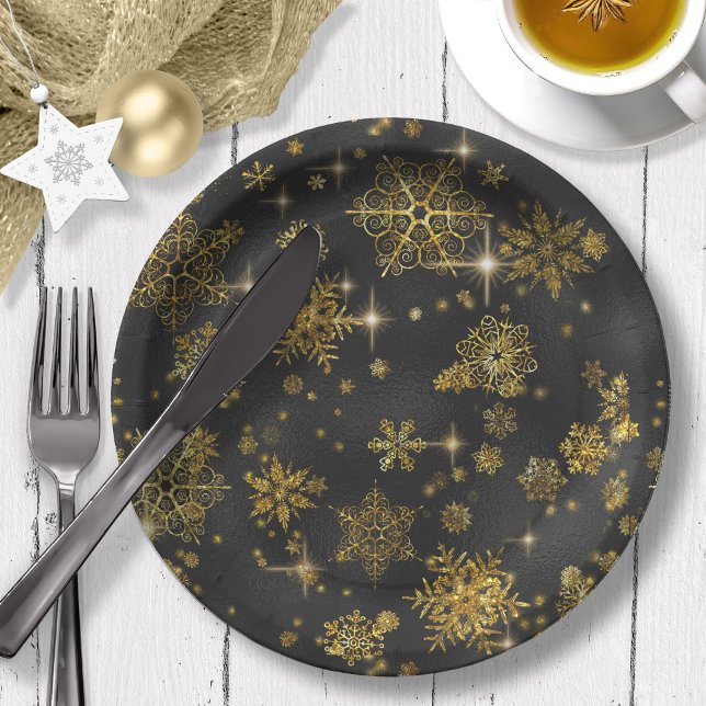 Prettiest Snowflakes Pattern Gold/Black ID846 Paper Plates (Creator Uploaded)