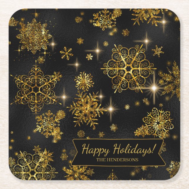 Prettiest Snowflakes Pattern Gold/Black ID846 Square Paper Coaster (Front)