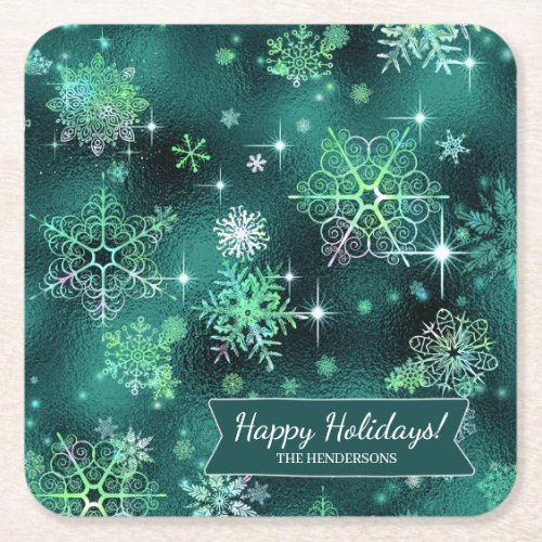 Prettiest Snowflakes Pattern Green ID846 Square Paper Coaster