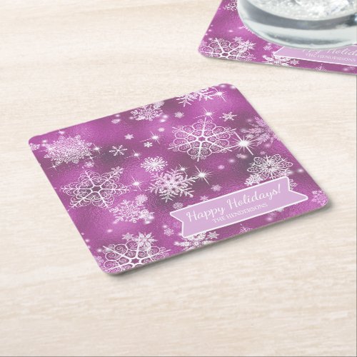 Prettiest Snowflakes Pattern Orchid Pink ID846 Square Paper Coaster