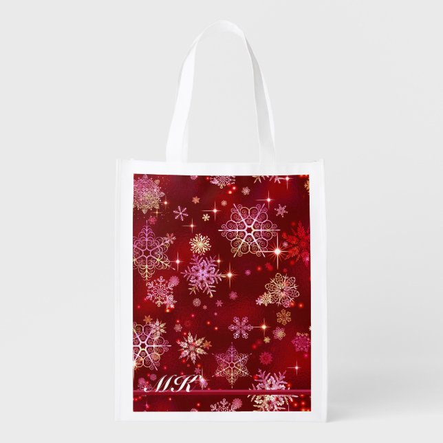 Prettiest Snowflakes Pattern Red ID846 Grocery Bag (Front)