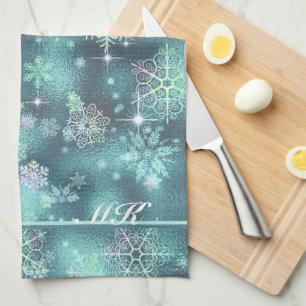Prettiest Snowflakes Pattern Teal ID846 Kitchen Towel