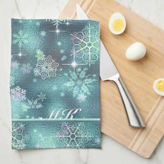 Prettiest Snowflakes Pattern Teal ID846 Kitchen Towel (Quarter Fold)