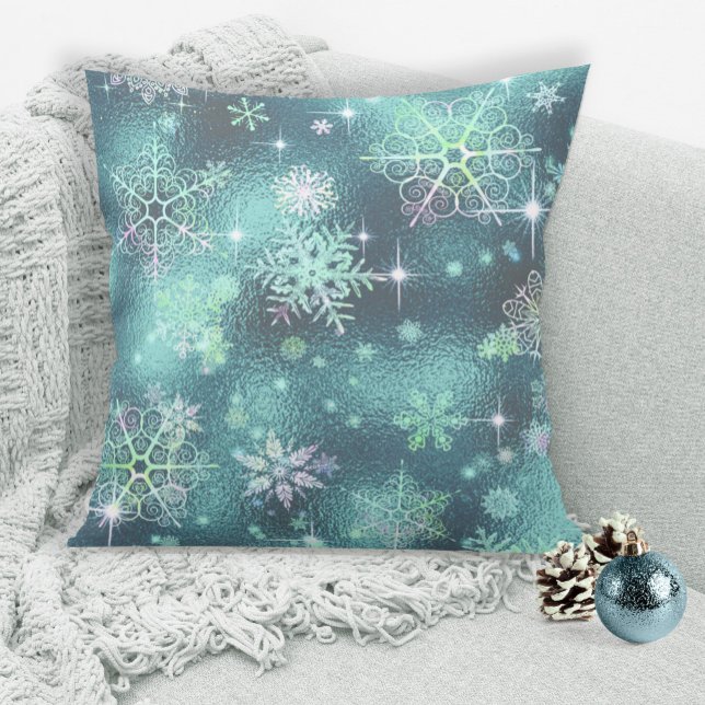 Prettiest Snowflakes Pattern Teal ID846 Throw Pillow (Creator Uploaded)