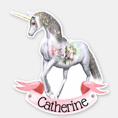 Prettiest unicorn floral girls name magical theme sticker