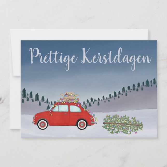 Prettige Kerstdagen Dutch Christmas Red Fiat 500  Holiday Card (Front)
