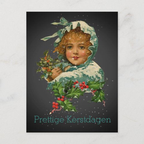 Prettige Kerstdagen Vintage Holly Girl Black Postcard