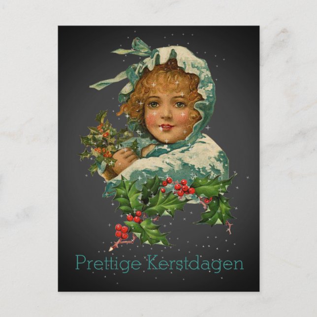 Prettige Kerstdagen Vintage Holly Girl Black Postcard (Front)