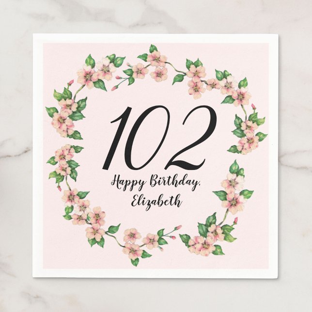 Pretty 102nd birthday blush pink floral napkins (Creator Uploaded)