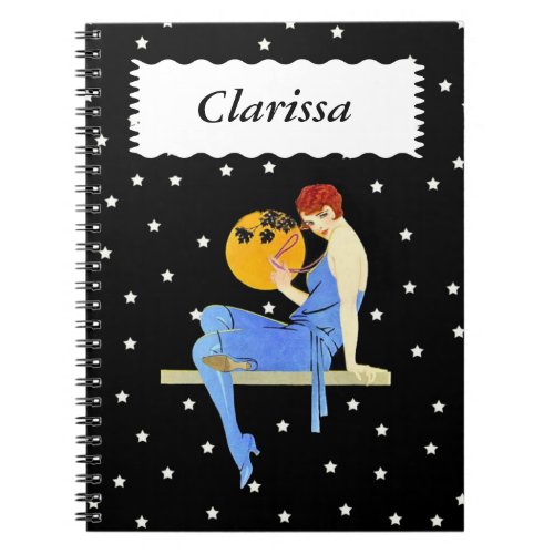 Pretty 1920s Flapper Red Hair Stars Moon Pearls Notebook