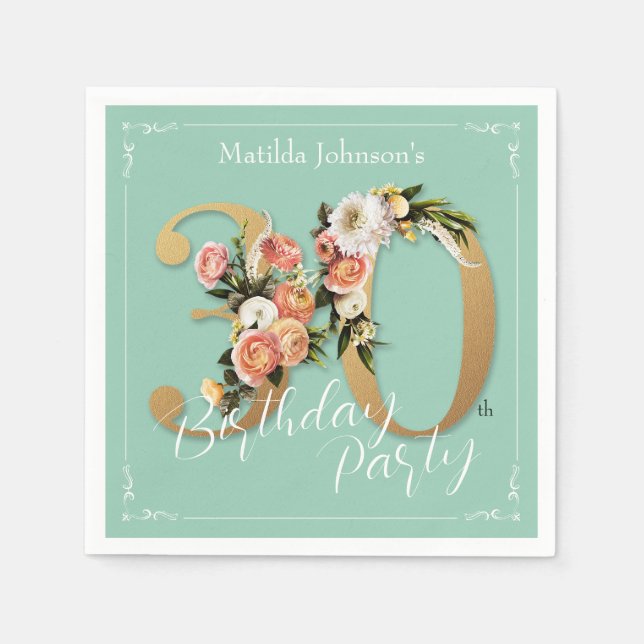 Pretty 30th Birthday Mint Gold Floral Glamorous Napkins (Front)