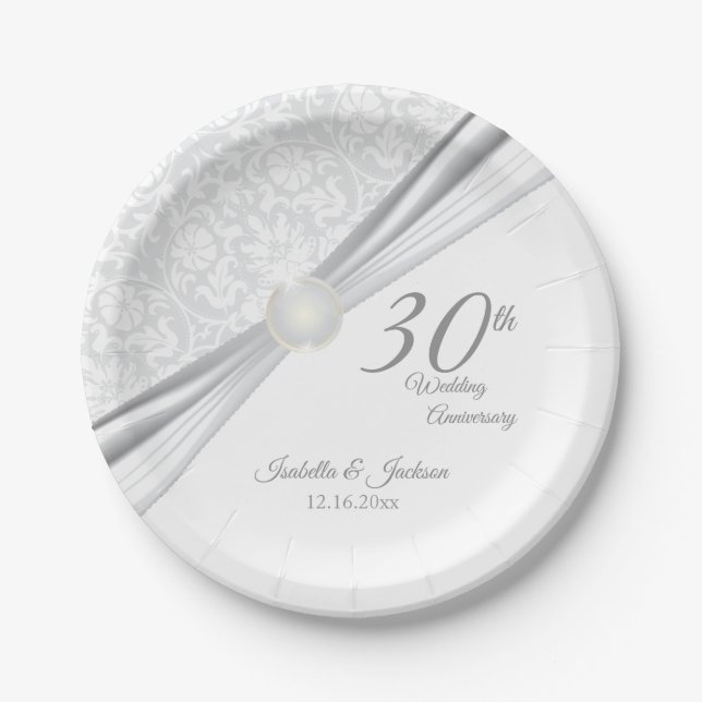 Pretty 30th  Pearl Wedding Anniversary Design Paper Plates (Front)