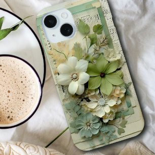 Pretty 3d floral Scrapbook in Sage Green and White iPhone 15 Case