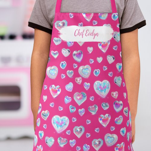 Pretty 3D Sparkly Crystal Gemstone Hearts on Pink Apron