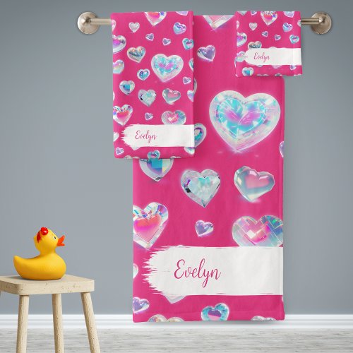 Pretty 3D Sparkly Crystal Gemstone Hearts on Pink Bath Towel Set