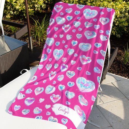 Pretty 3D Sparkly Crystal Gemstone Hearts on Pink Beach Towel