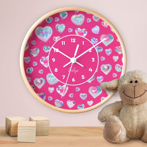 Pretty 3D Sparkly Crystal Gemstone Hearts on Pink Clock