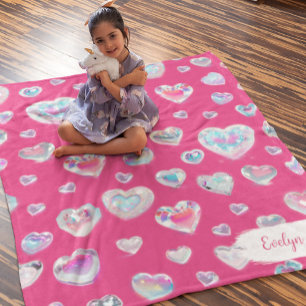 Pretty 3D Sparkly Crystal Gemstone Hearts on Pink Fleece Blanket