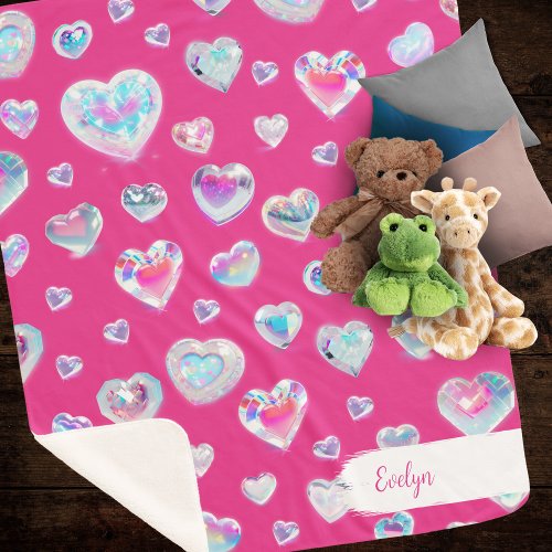Pretty 3D Sparkly Crystal Gemstone Hearts on Pink Sherpa Blanket