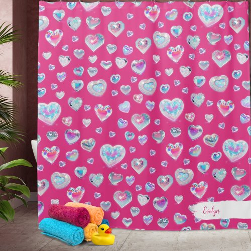 Pretty 3D Sparkly Crystal Gemstone Hearts on Pink Shower Curtain