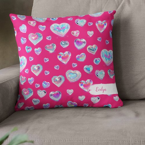Pretty 3D Sparkly Crystal Gemstone Hearts on Pink Throw Pillow