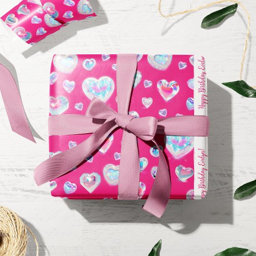 Pretty 3D Sparkly Crystal Gemstone Hearts on Pink Wrapping Paper
