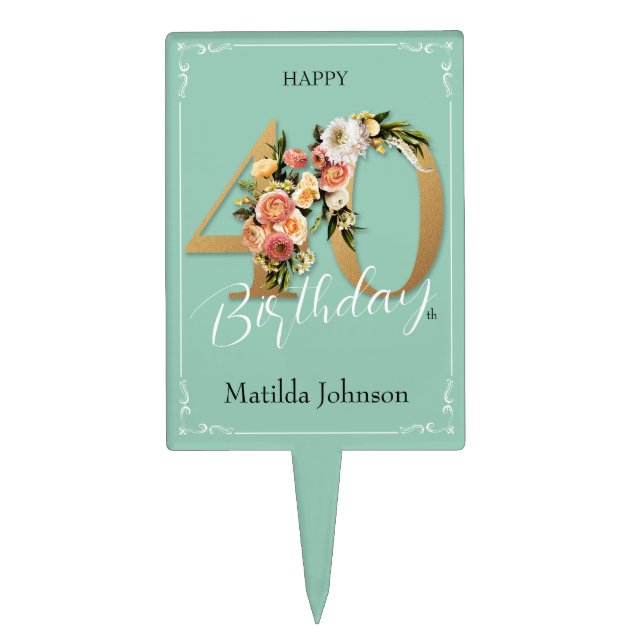 Pretty 40th Birthday Gold Text Elegant Floral Mint Cake Topper (Front)