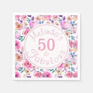 Pretty 50 and Fabulous Named Floral Birthday Party Napkins
